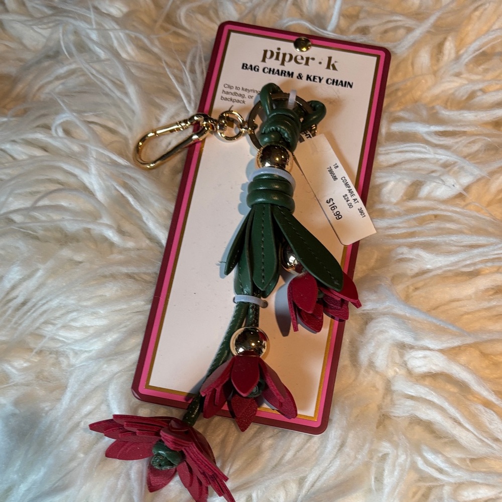 Piper K Floral Leather Tassel Bag Charm in Green and Red with Gold Hardware